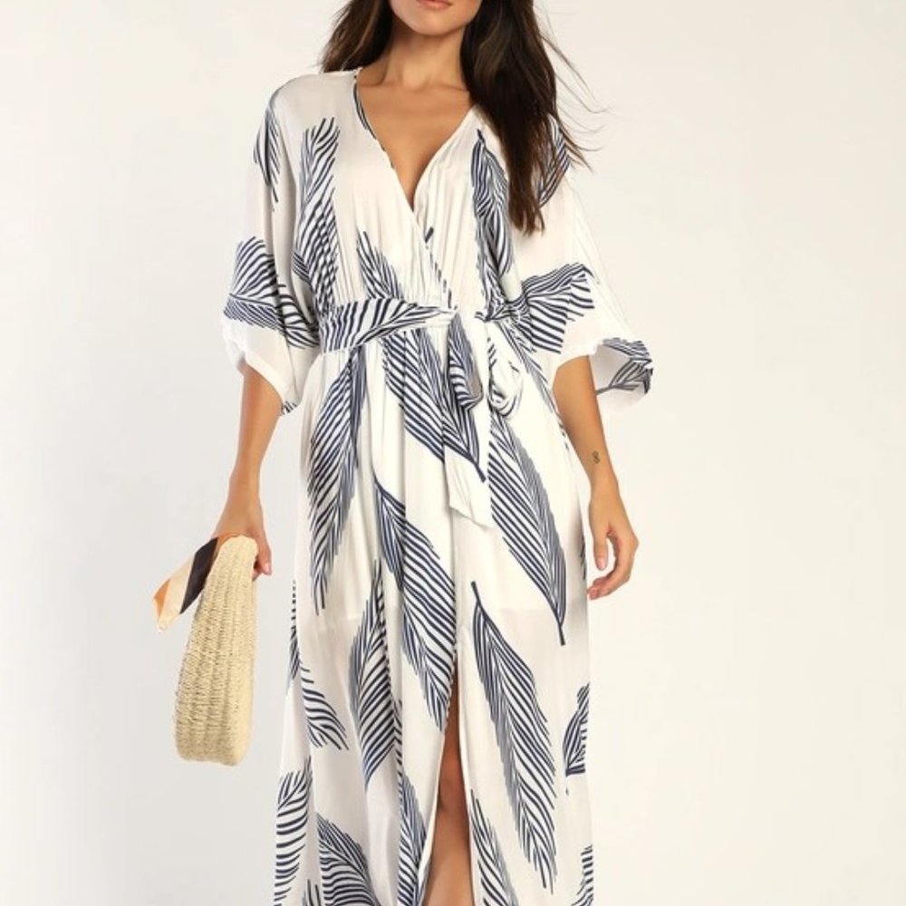 Sign of the Times White and Navy Blue Leaf Print Maxi Dress